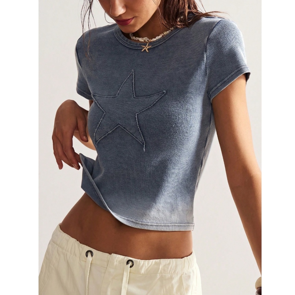 Cotton Rib Knit Grey Tee Shirt Star Patch Applique - Picture 3 of 9